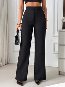 Women's High Waist Metal Button Design Elegant Straight Leg Pants - Black - View 4
