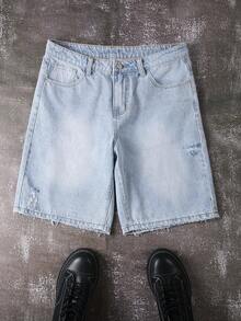 Manfinity EMRG Men's Casual Distressed Frayed Hem Pocket Denim Shorts Light Wash Jorts - Light Wash - View 1