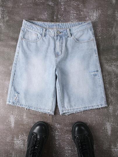 Manfinity EMRG Men's Casual Distressed Frayed Hem Pocket Denim Shorts Light Wash Jorts