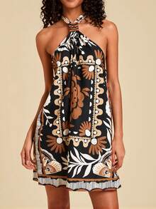 Travachic Plant Print Backless Halter Neck Dress, Casual Vacation - Black - View 2