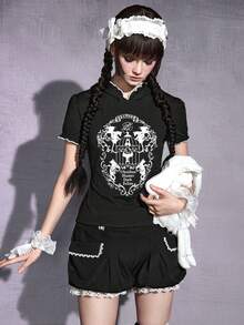 ROMWE Goth 深色藤蔓、猫、蝙蝠翅膀、鸟笼女孩剪影连帽衫，带猫耳朵紧身T恤 - 黑色 - 查看 4