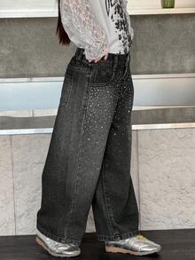 DAZY Quần jean denim dáng rộng phong cách Hàn Quốc thường ngày dành cho nữ, đính đá, đã qua xử lý. - màu đen - Xem 6