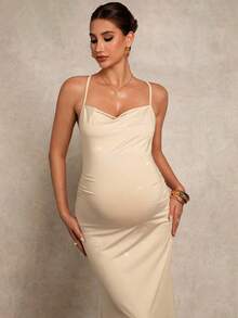MaterniChic Elegant Champagne Summer Maternity Dress For Party,Pregnant Women Apricot-Colored High Elasticity Backless Halter Neck Valentines Day Party Dresses - Apricot - View 5