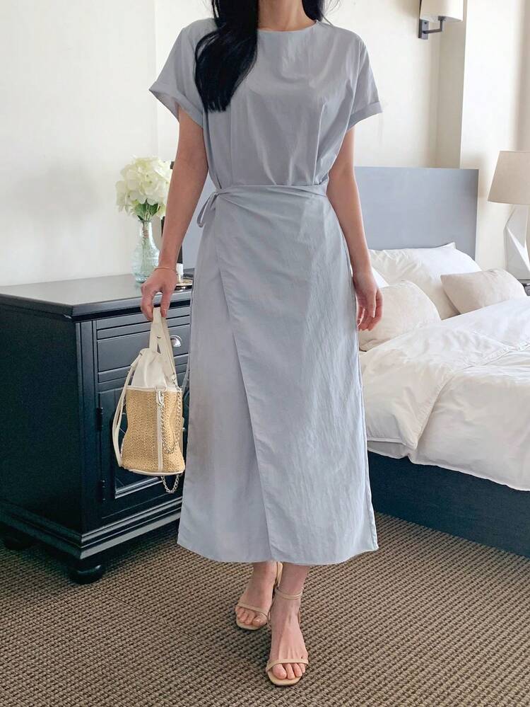 Women's Casual Everyday Office Commute Solid Color Wrap Tie Waist Short Sleeve Dress, Summer Sundress