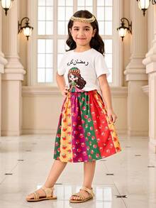 Girls' Cartoon Set, Fanus Lantern Print T-Shirt + Patchwork Floral Skirt, Adorable And Eye-Catching, Suitable For Middle Eastern Festivals, Candy Festivals, High-Quality Children's Clothing - Multicolor - View 5
