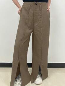 Chiquease Solid Color Casual Wide-Leg Palazzo Pants For Daily Wear - Brown - View 3