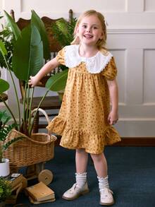 Blossori Đầm hoa nhí cổ điển tay phồng, cổ bèo nhún cho bé gái, họa tiết hoa cúc dễ thương, thích hợp cho mùa xuân/hè và các hoạt động ngoài trời. - Màu vàng - Xem 5