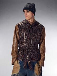 ROMWE MEN Grunge Punk Men's Leopard Print PU Leather Patchwork Hooded Belted Jacket - Brown - View 5