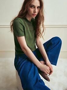 Écloséra 女士圆领纯色短袖针织上衣，适合夏季和新年穿着 - 墨綠色 - 查看 5