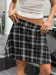 SHEIN EZwear Elastic Waist Skater Plaid Skirt