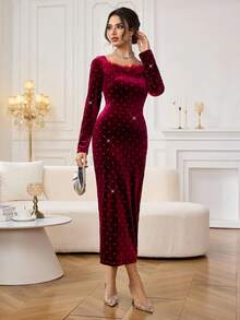 Modelyn Women's Long Sleeve Fitted Knit Dress, Suitable For Autumn/Winter Outfits - Red - View 3