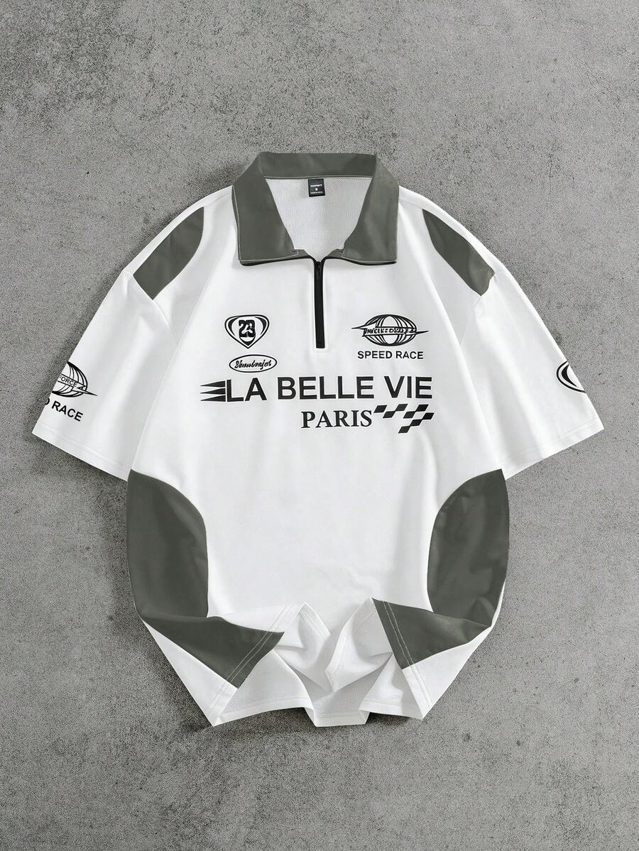PAVTROS Camisa polo con cremallera y letras y color contrastante, estilo deportivo de carreras, para verano - Gris Claro - Ver 1