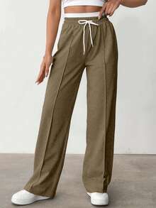 EURMUSE Cotton Drawstring Waist Seam Front Casual Sweatpants - Mocha Brown - View 7