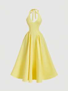 SHEIN MOD Women's Solid Color Minimalist Neck Tie Long Dress, Casual Everyday Wear, Spring/Summer, Valentine's Day Dress, Date Dress, Carnival Women, Beach Dress, Wedding Guest Dress For Women, Bridesmaid Dress, Elegant Dresses For Party, Vacation Dress, Goose Yellow Dress, Stunning, Chic, Halter Neck Dress, Tea Party Dress Yellow Maxi Dress Women Yellow Long Dress Yellow Sundress Women