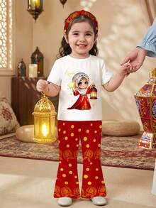 SHEIN Baby Girl Cartoon Girl Print Round Neck Short Sleeve T-Shirt And Flare Pants Casual Outfit - Multicolor - View 3