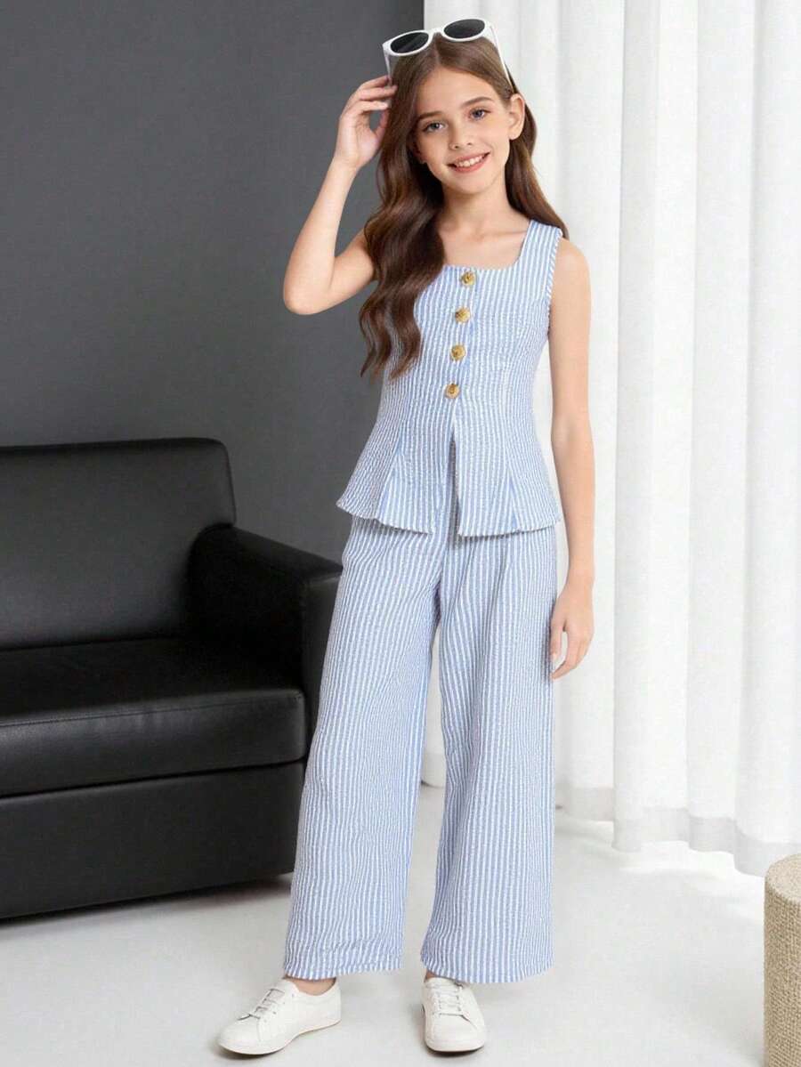 Firerie Kids Firerie Kids 少女春夏新款休闲度假通勤街头时尚蓝白条纹纽扣前开襟无袖背心上衣和直筒裤套装 - 藍白色 - 查看 1