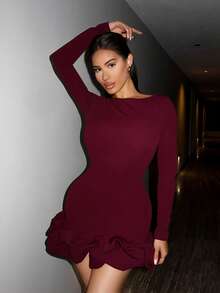 Shopreo 秋冬夏季圣诞服装新年服装新年连衣裙甜美蓬蓬裙红色连衣裙优雅长袖连衣裙 - 酒紅色 - 查看 4