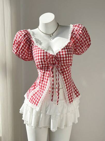 Elamini Women's Casual Elegant Plaid Red & White Fabric Contrast Lace Ruffle Trim Short Sleeve Blouse, Versatile For Daily Wear, Spring/Summer