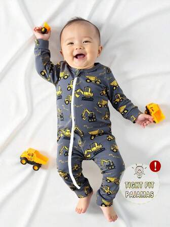 Baby Boys Blå tecknad grävmaskin tryck långärmad Snug Fit One-Piece Pyjamas