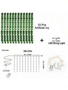 Artificial Ivy Leaf Plants With LED Light String, AA Battery Box Or 8 Modes USB Powered Green Vine Garland Chandelier For Wall Party Wedding Room Home Kitchen Indoor Outdoor Holiday Decoration (Batteries Not Included)