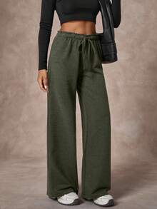 Quần nỉ ống rộng lưng thun co giãn dành cho nữ - xanh quân đội - Xem 4