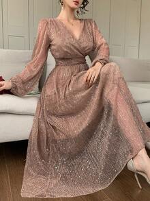 DAZY Women's V-Neck Long Sleeve Sequin Fabric Waist Cinched Long Elegant Dress Valentine's Day - Dusty Pink - View 6