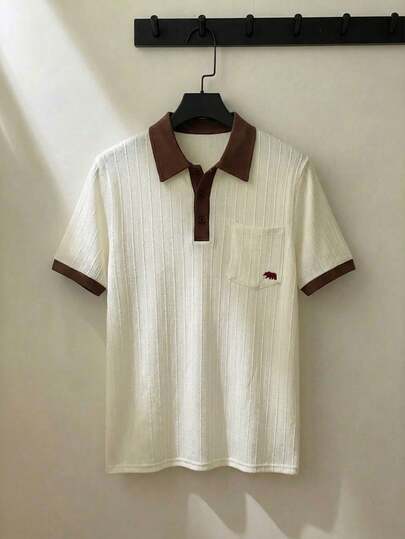 ESTAVOR Men's Casual Patchwork Embroidered Pocket Polo Shirt Men Polo Shirt College Style Pattern Polo Men Men Vintage Clothes Men Knit Shirt