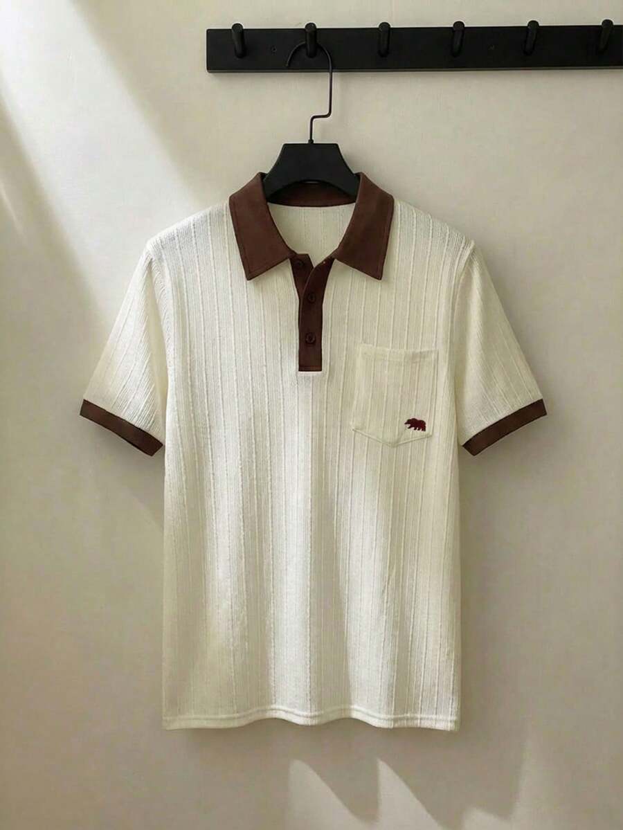 ESTAVOR Áo polo nam kiểu dáng thường ngày, thêu họa tiết và có túi. - Màu be - Xem 1