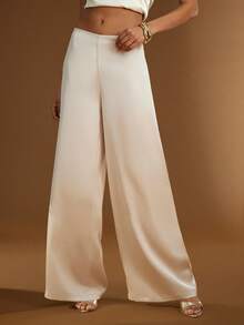 Hauture 女士简约日常外出性感优雅阔腿象牙色缎面裤 - 杏色 - 查看 2