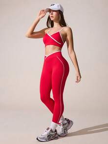 Core Rhythm 2-częściowy damski zestaw do fitnessu sportowego, biustonosz i legginsy, strój do jogi z modnym krzyżującym się wzorem w talii - Czerwony - Zobacz 7