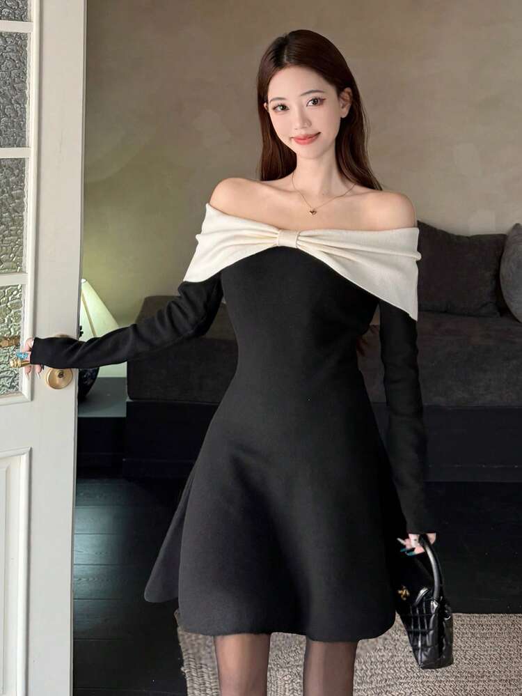 Women's Off Shoulder Contrast Color Bow Tie Strap Party Knit Dress, Korean Style, Autumn/Winter