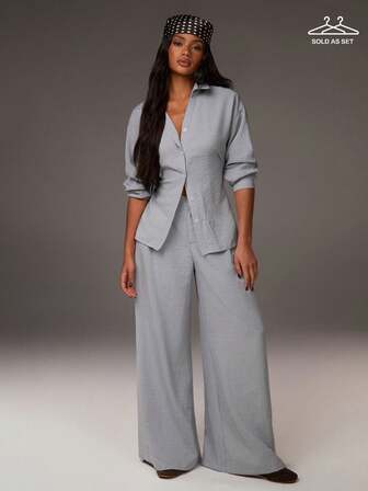 Athîral 女士休闲蓝色衬衫上衣和裤子两件套