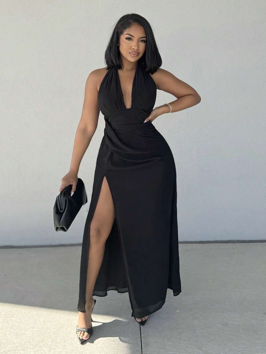 Alexandranx Women's Deep V-Neck Backless Halter Neck Chiffon Dress, Perfect For Weddings, Parties And Spring/Summer Holidays - Black - View 1