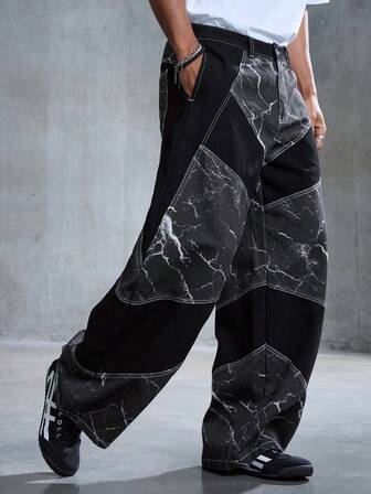 Street Life Jeans rectos con estampado de relámpago y parches para hombres