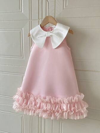 PrepCrw 1pc Young Girls' Elegant Urban School Style White Bow Decor Collar Ruffle Trim Sleeveless Dress, Suitable For Outings, Gatherings, Festivals, Parties, Autumn, Winter, Spring, Summer, Valentine's Day, Weddings Young Girl Elegant Solid Color 3d Bow Ruffle Strap Casual Dress Suitable For Tea Party Outings Parties And Events In Spring Summer Cute Dresses For Girl Pink Tea Party Dress Girl Ruffle Dress Elegant Pink Bow Girls Dress Pink Dress Kids Bows Preppy