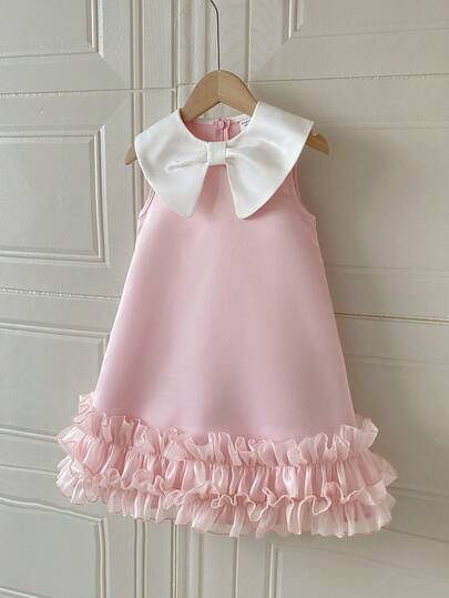 PrepCrw 1pc Young Girls' Elegant Urban School Style White Bow Decor Collar Ruffle Trim Sleeveless Dress, Suitable For Outings, Gatherings, Festivals, Parties, Autumn, Winter, Spring, Summer, Valentine's Day, Weddings Young Girl Elegant Solid Color 3d Bow Ruffle Strap Casual Dress Suitable For Tea Party Outings Parties And Events In Spring Summer Cute Dresses For Girl Pink Tea Party Dress Girl Ruffle Dress Elegant Pink Bow Girls Dress Pink Dress Kids Bows Preppy