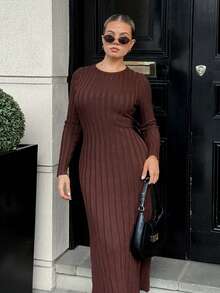 Bethéva Ribbed Solid Color Crew Neck Long Sleeve Maxi Sweater Dress Fall Winter Cloth For Women - Coffee Brown - View 4