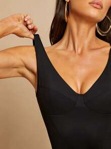 Silquee Damen einfarbiger ärmelloser V-Ausschnitt Bodysuit - Schwarz - Übersicht 7