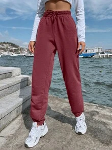 EURMUSE Women's Casual Solid Color Drawstring Waist Side Pocket Sweatpants Gym Burgundy Summer - Burgundy - View 5