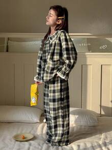 DAZY 少女格子长袖上衣和裤子睡衣套装，秋冬季 - 黑色 - 查看 6