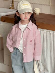 DAZY Young Girl Striped Drop Shoulder Long Sleeve Single-Breasted Casual Pocket Shirt - Pink - View 2