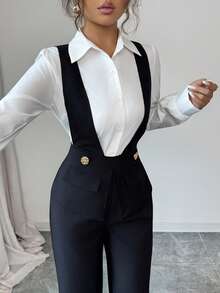 Elenzga petite Women's Black Thick Fabric Deep V-Neck Ruched Design Elegant Formal Jumpsuit, Suitable For Valentine's Day, Easter, Labor Day, Birthday, Date, Party, Work, Travel, Autumn - Black - View 5