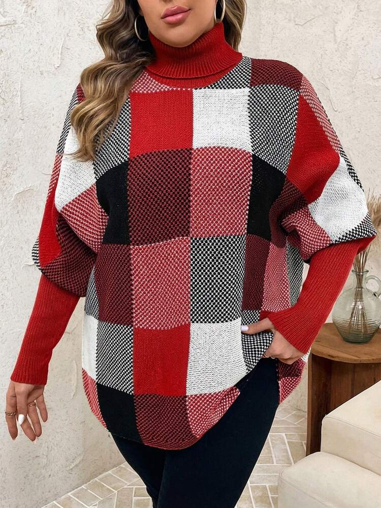 Pull ample à col roulé avec motif à carreaux, pull à col roulé, robe d'hiver pour femme, vêtements d'automne pour formes généreuses, hauts de sortie, hauts de campagne, Top de base, chic, pulls d'automne