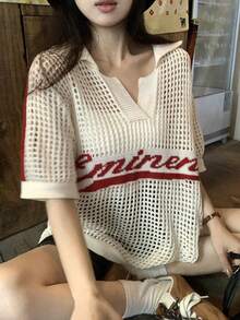 DAZY Teen Girl Letter Print Hollow Out Loose Fit Pullover Sweater - Apricot - View 4