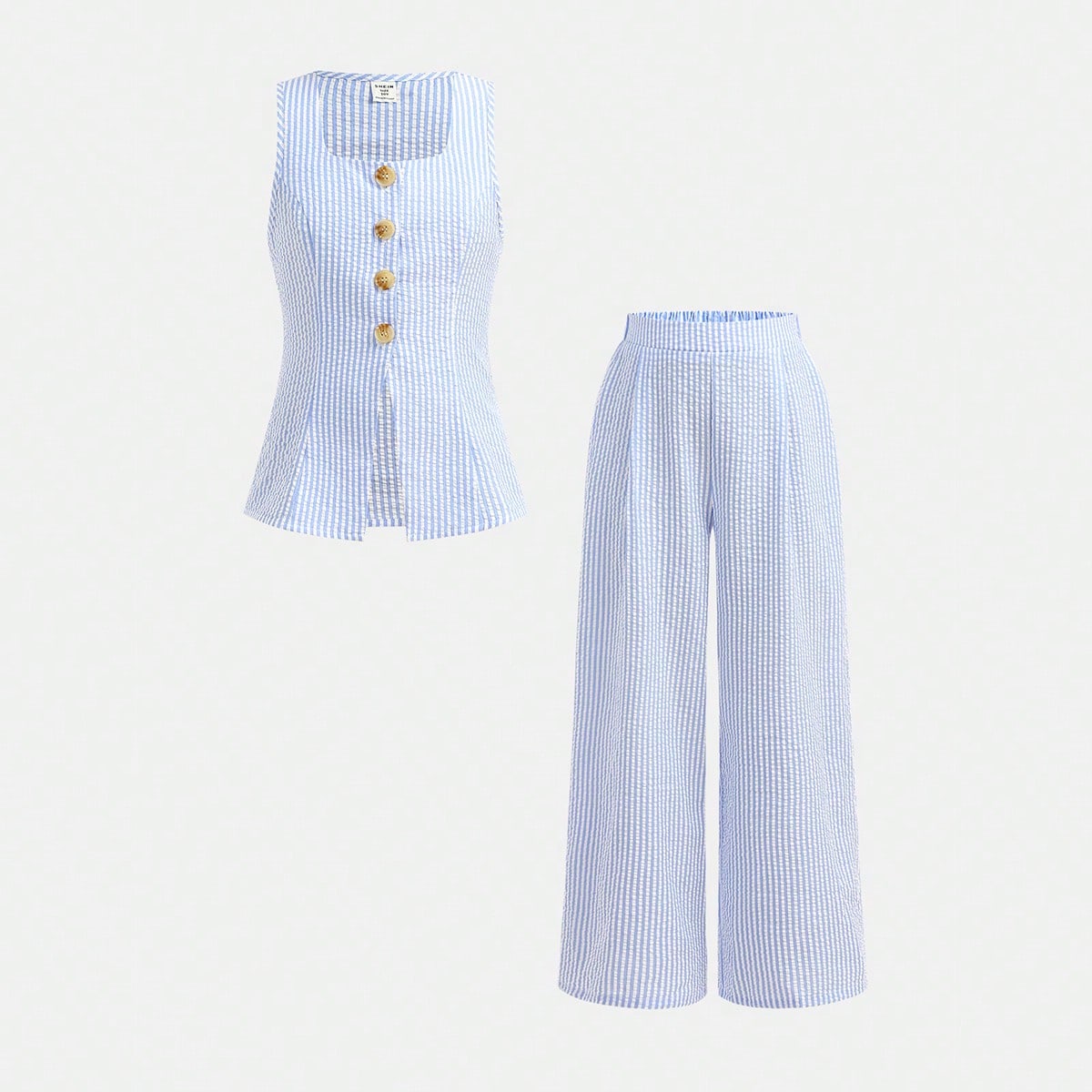 Conjunto de top sin mangas con botones y pantalones rectos de rayas azules y blancas, estilo casual, elegante y de moda para niña preadolescente en p