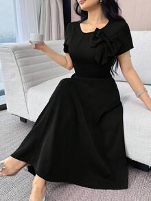 Modelyn Đầm dự tiệc midi nữ màu trơn, trang trí nơ 3D, thanh lịch, thắt eo. - màu đen - Xem 4