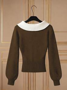 SHEIN Franclia Áo len cổ cao tay phồng phối màu hình thoi theo phong cách blogger. - Nhiều màu - Xem 2