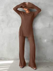EURMUSE Cotton Solid Split Hem Tee & Flare Leg Pants - Chocolate Brown - View 5