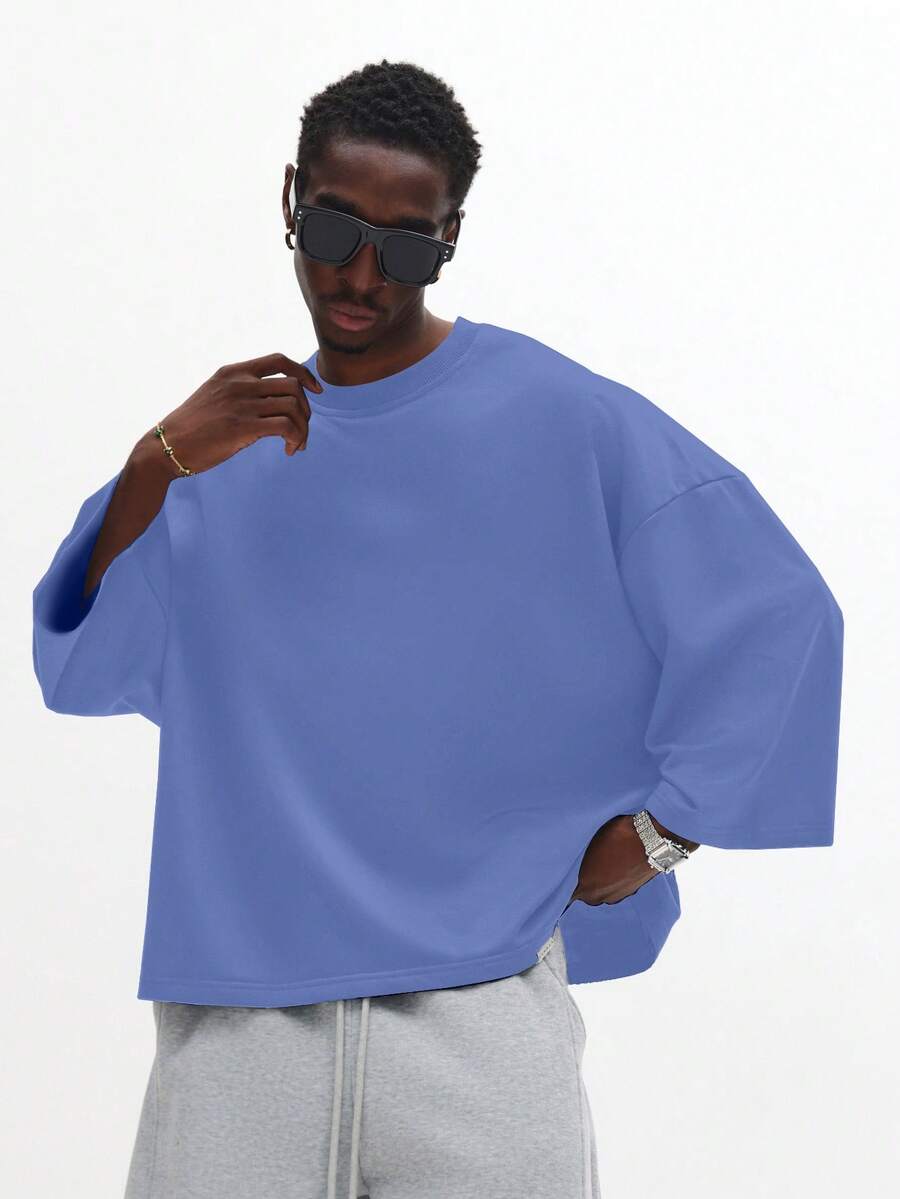 SUMWON 超大款圆领长袖卫衣，宽松休闲套头衫，纯色 - 紫色 - 查看 1