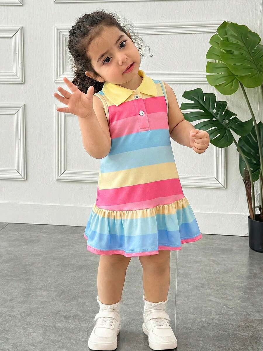 SHEIN 女婴休闲家居服可爱彩虹条纹纽扣前开襟荷叶边A字连衣裙T恤裙Polo衫裙 - 藍色 - 查看 1